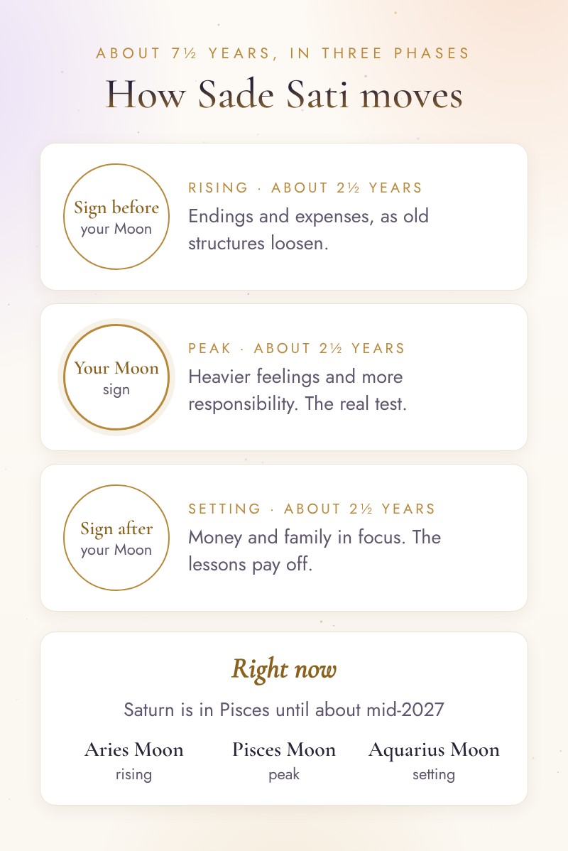 The three phases of Sade Sati: rising, peak and setting, as Saturn crosses the sign before your Moon, your Moon sign and the sign after it